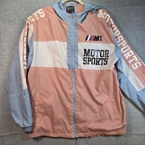 Bleecker & Mercer Motorsports Windbreaker Mens Large Salmon Blue Hooded Jacket